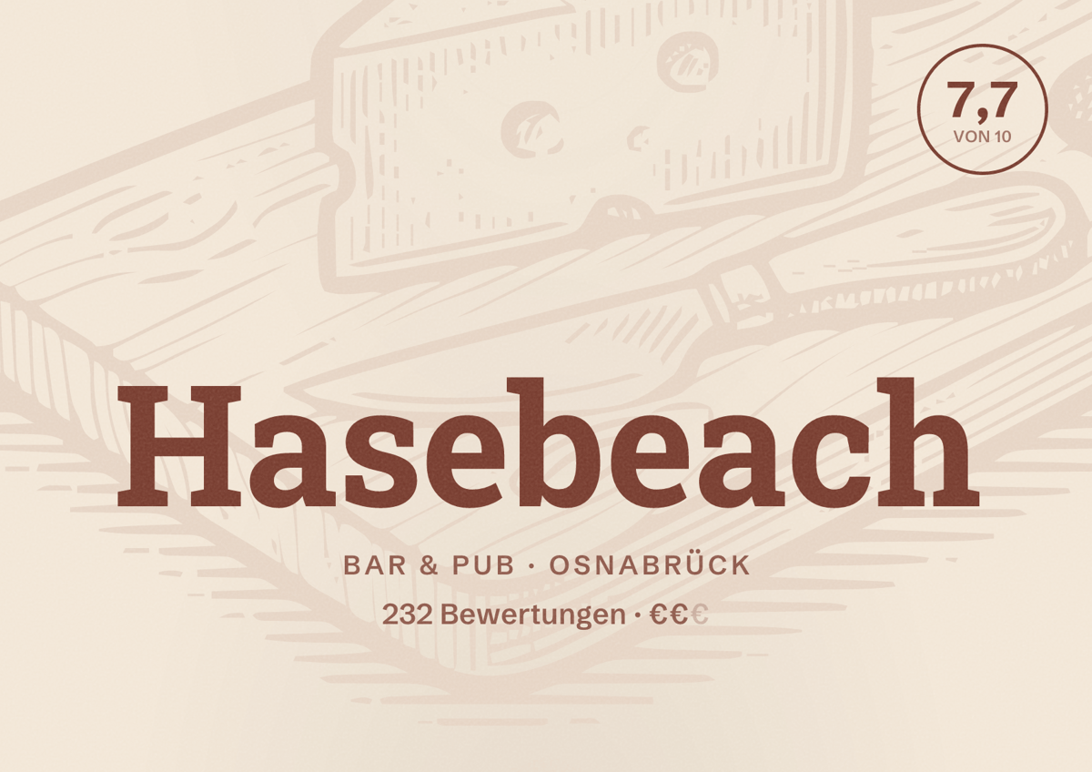 Illustriertes Poster von Hasebeach, Bar & Pub in Osnabrück: Bewertung 7,7 von 10 aus 232 Bewertungen, Preisniveau €€