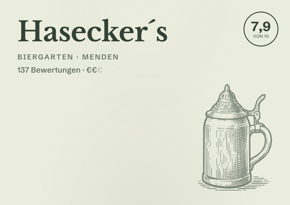 Illustriertes Poster von Hasecker´s, Biergarten in Menden: Bewertung 7,9 von 10 aus 137 Bewertungen, Preisniveau €€