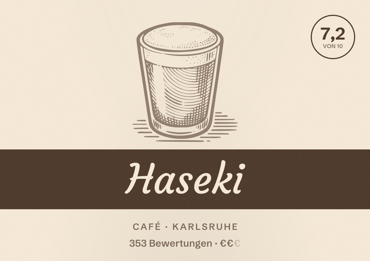Illustriertes Poster von Haseki, Café in Karlsruhe: Bewertung 7,2 von 10 aus 353 Bewertungen, Preisniveau €€