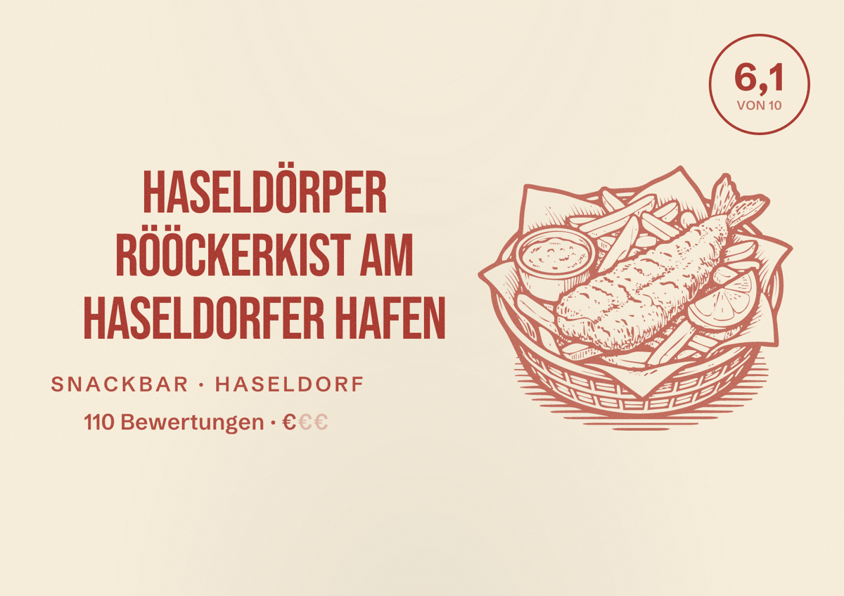 Illustriertes Poster von Haseldörper Rööckerkist am Haseldorfer Hafen, Snackbar in Haseldorf: Bewertung 6,1 von 10 aus 110 Bewertungen, Preisniveau €