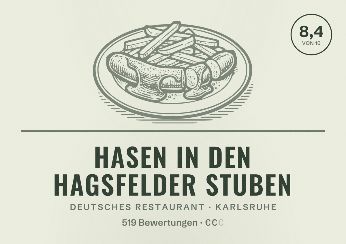 Illustriertes Poster von Hasen in den Hagsfelder Stuben, Deutsches Restaurant in Karlsruhe: Bewertung 8,4 von 10 aus 519 Bewertungen, Preisniveau €€
