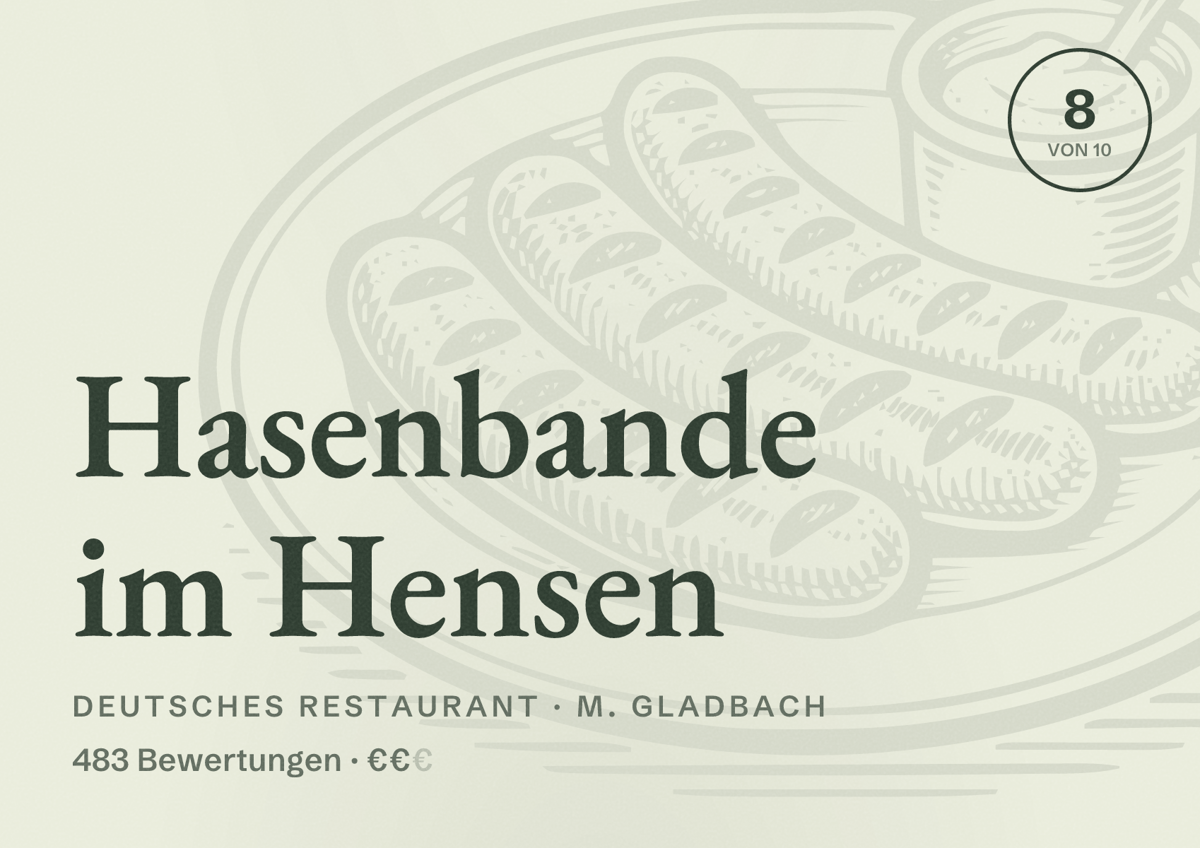 Illustriertes Poster von Hasenbande im Hensen, Deutsches Restaurant in M. Gladbach: Bewertung 8 von 10 aus 483 Bewertungen, Preisniveau €€
