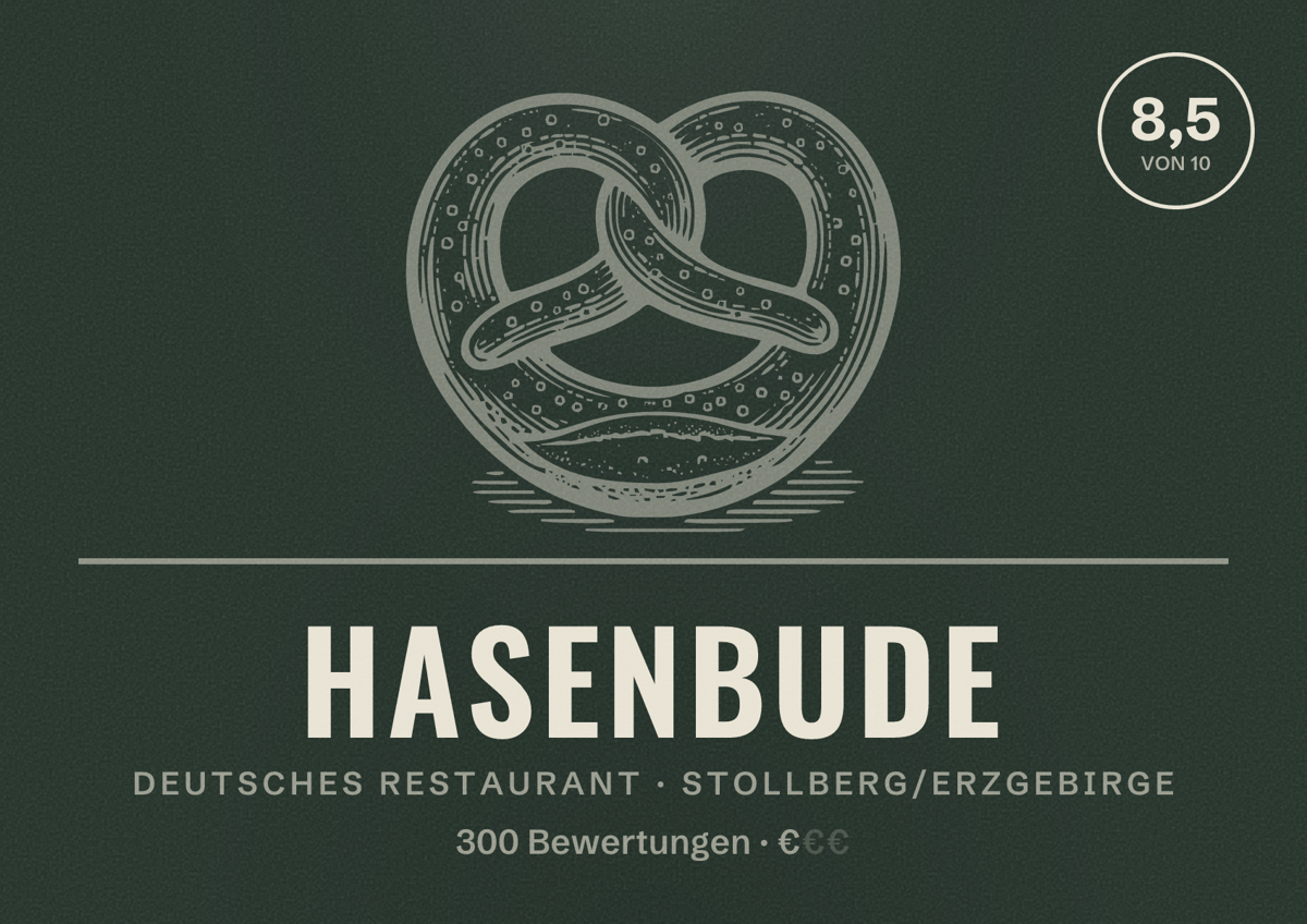 Illustriertes Poster von Hasenbude, Deutsches Restaurant in Stollberg/Erzgebirge: Bewertung 8,5 von 10 aus 300 Bewertungen, Preisniveau €