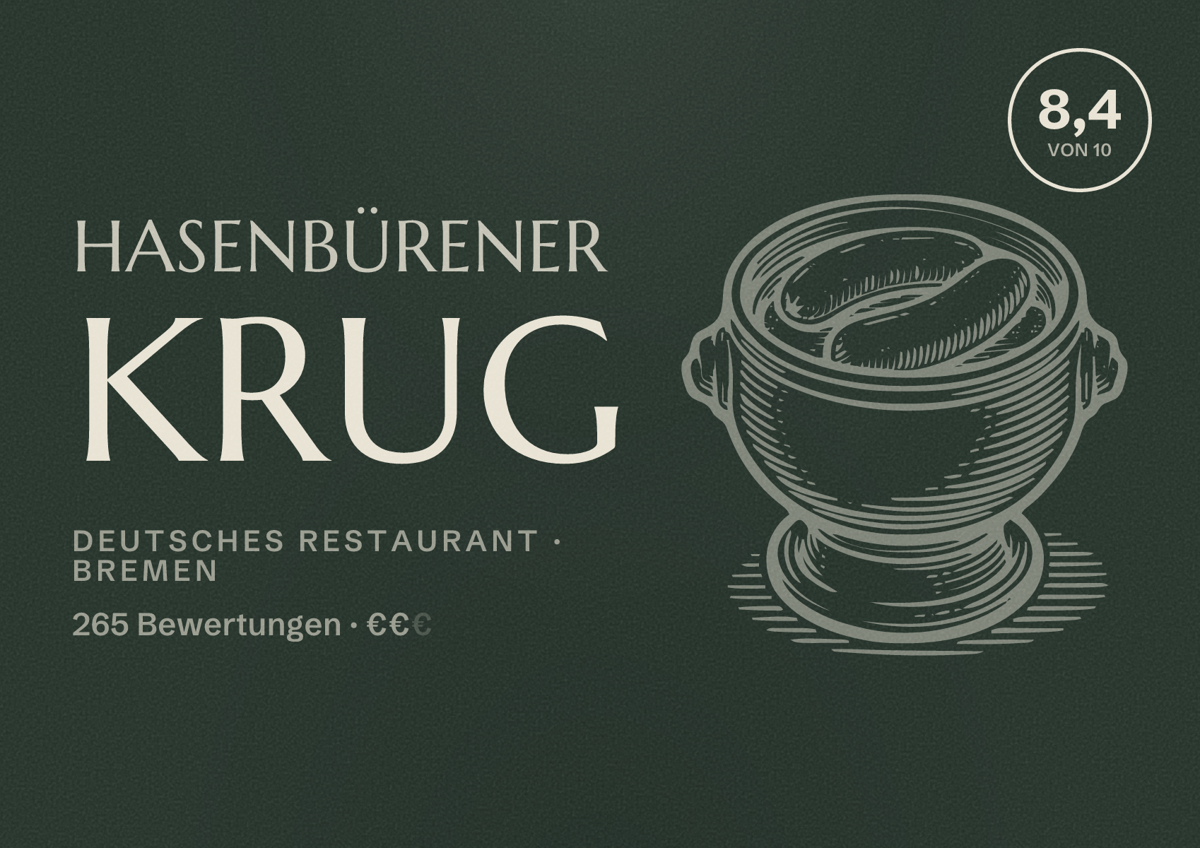 Illustriertes Poster von Hasenbürener Krug, Deutsches Restaurant in Bremen: Bewertung 8,4 von 10 aus 265 Bewertungen, Preisniveau €€