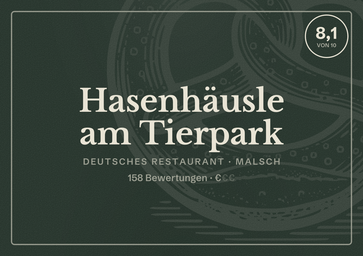 Illustriertes Poster von Hasenhäusle am Tierpark, Deutsches Restaurant in Malsch: Bewertung 8,1 von 10 aus 158 Bewertungen, Preisniveau €