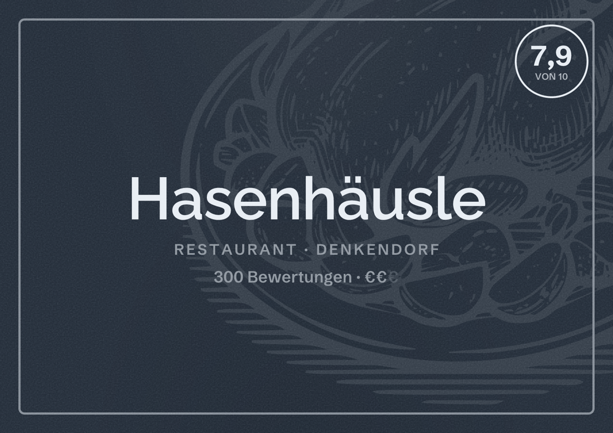 Illustriertes Poster von Hasenhäusle, Restaurant in Denkendorf: Bewertung 7,9 von 10 aus 300 Bewertungen, Preisniveau €€