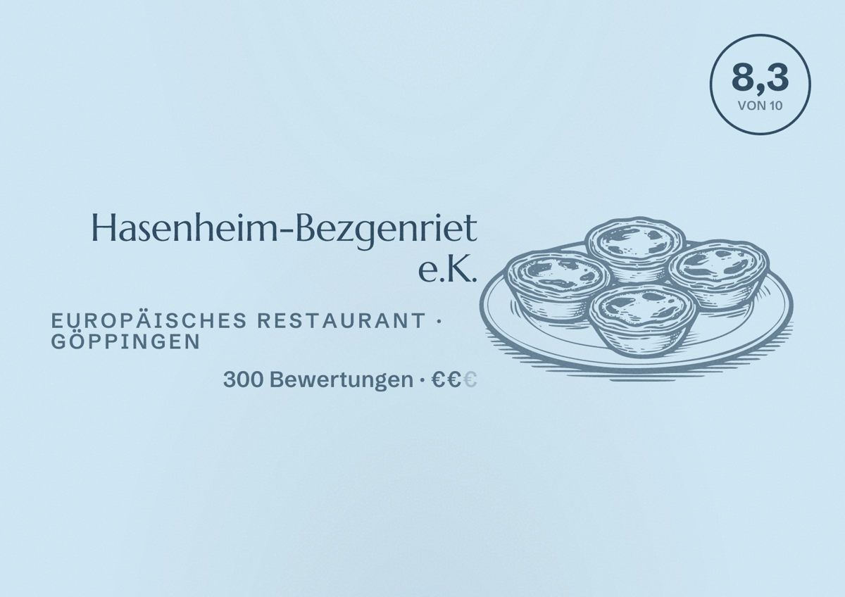 Illustriertes Poster von Hasenheim-Bezgenriet e.K., Europäisches Restaurant in Göppingen: Bewertung 8,3 von 10 aus 300 Bewertungen, Preisniveau €€