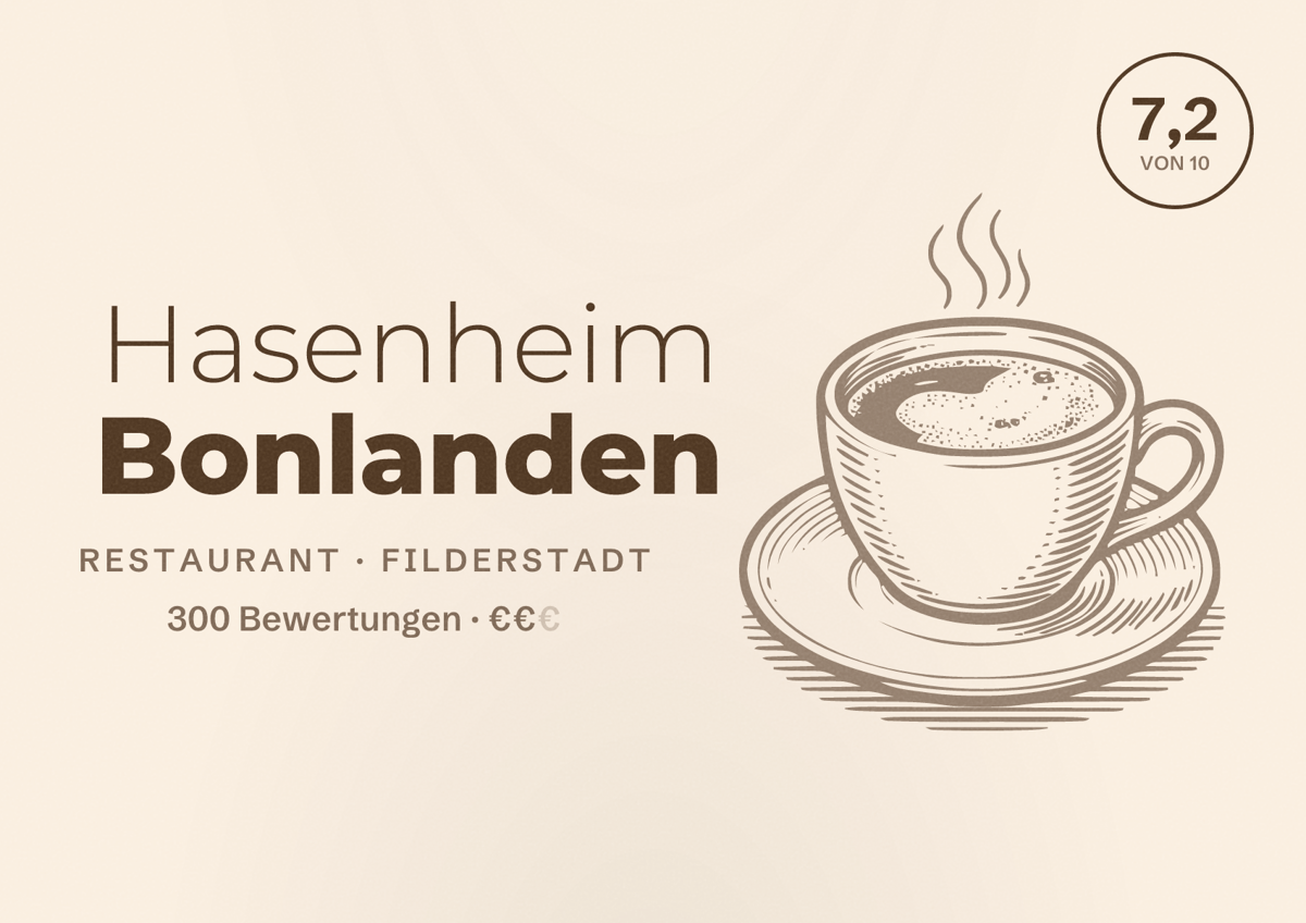 Illustriertes Poster von Hasenheim Bonlanden, Restaurant in Filderstadt: Bewertung 7,2 von 10 aus 300 Bewertungen, Preisniveau €€