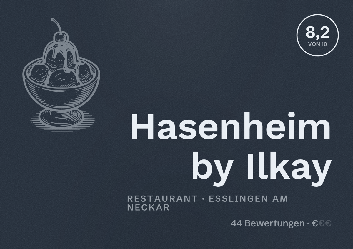 Illustriertes Poster von Hasenheim by Ilkay, Restaurant in Esslingen am Neckar: Bewertung 8,2 von 10 aus 44 Bewertungen, Preisniveau €