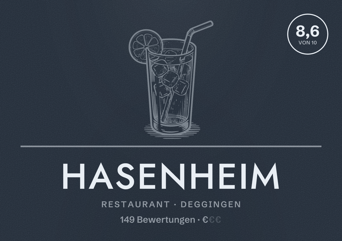 Illustriertes Poster von Hasenheim, Restaurant in Deggingen: Bewertung 8,6 von 10 aus 149 Bewertungen, Preisniveau €