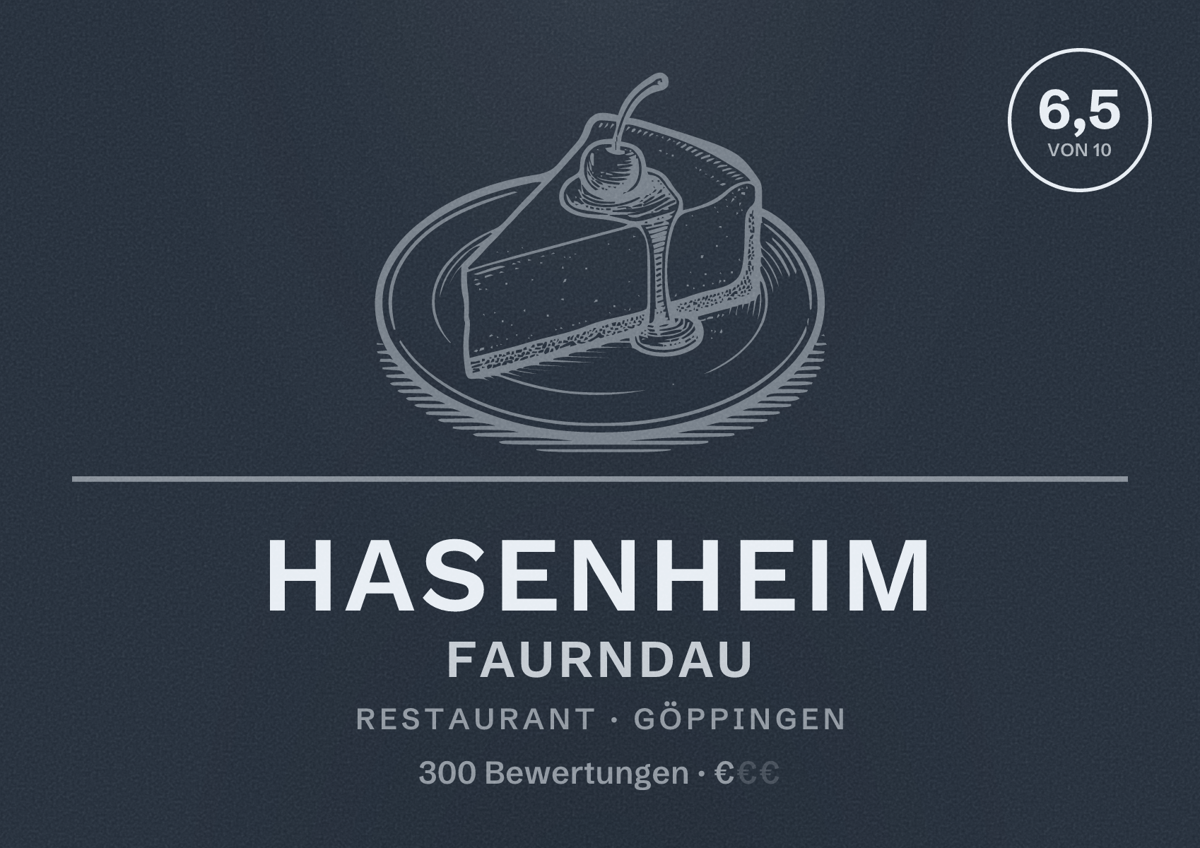 Illustriertes Poster von Hasenheim Faurndau, Restaurant in Göppingen: Bewertung 6,5 von 10 aus 300 Bewertungen, Preisniveau €
