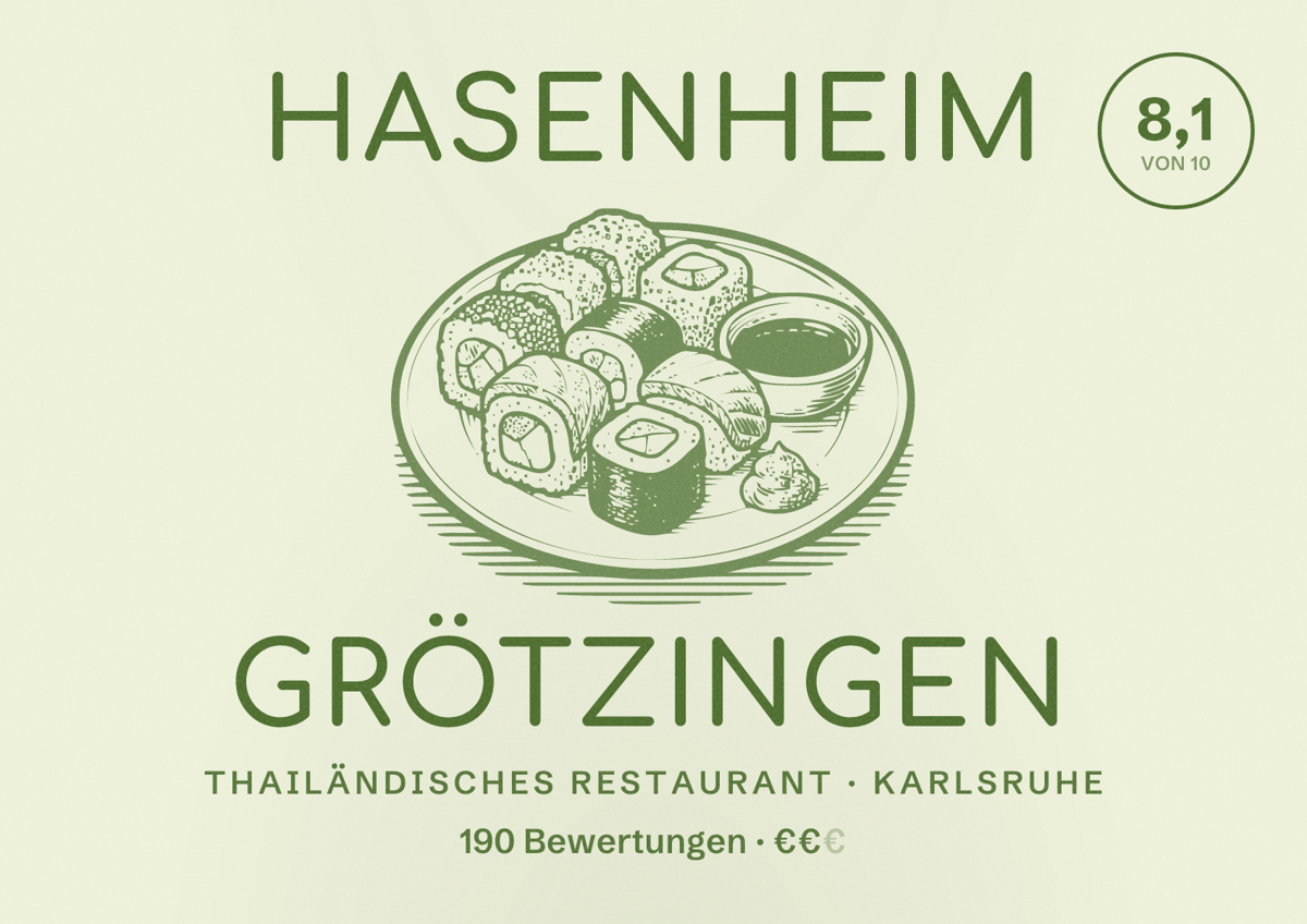 Illustriertes Poster von Hasenheim Grötzingen, Thailändisches Restaurant in Karlsruhe: Bewertung 8,1 von 10 aus 190 Bewertungen, Preisniveau €€