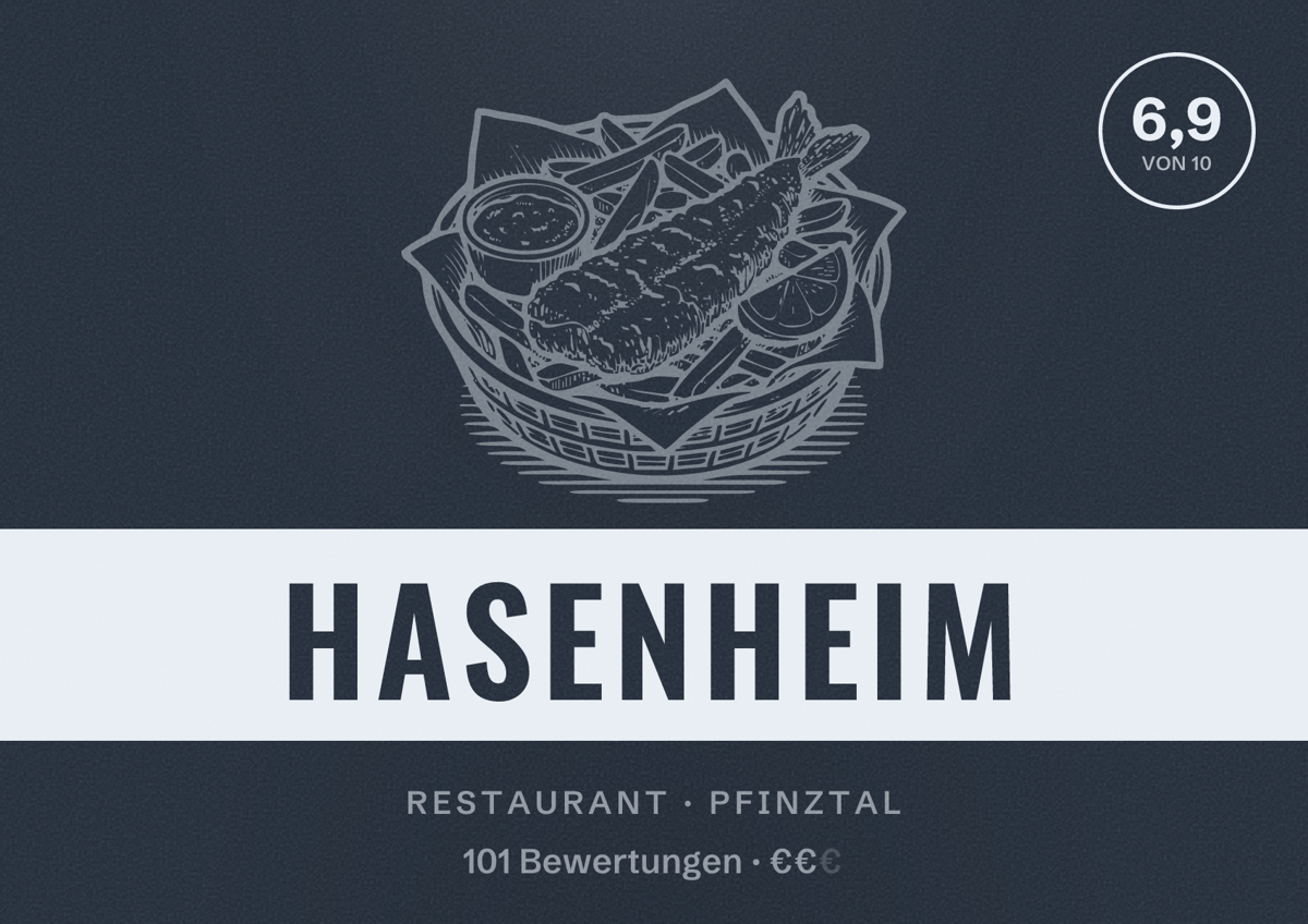 Illustriertes Poster von Hasenheim, Restaurant in Pfinztal: Bewertung 6,9 von 10 aus 101 Bewertungen, Preisniveau €€