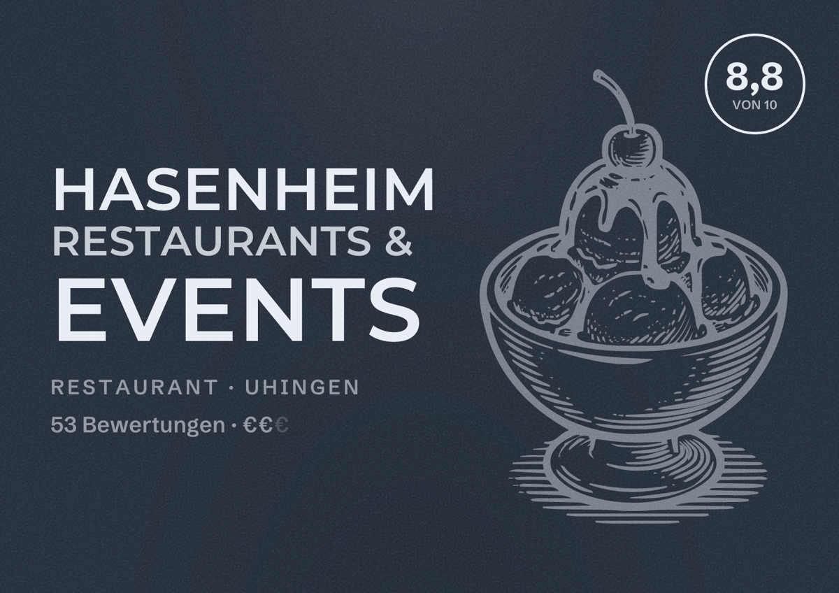 Illustriertes Poster von Hasenheim Restaurants & Events, Restaurant in Uhingen: Bewertung 8,8 von 10 aus 53 Bewertungen, Preisniveau €€