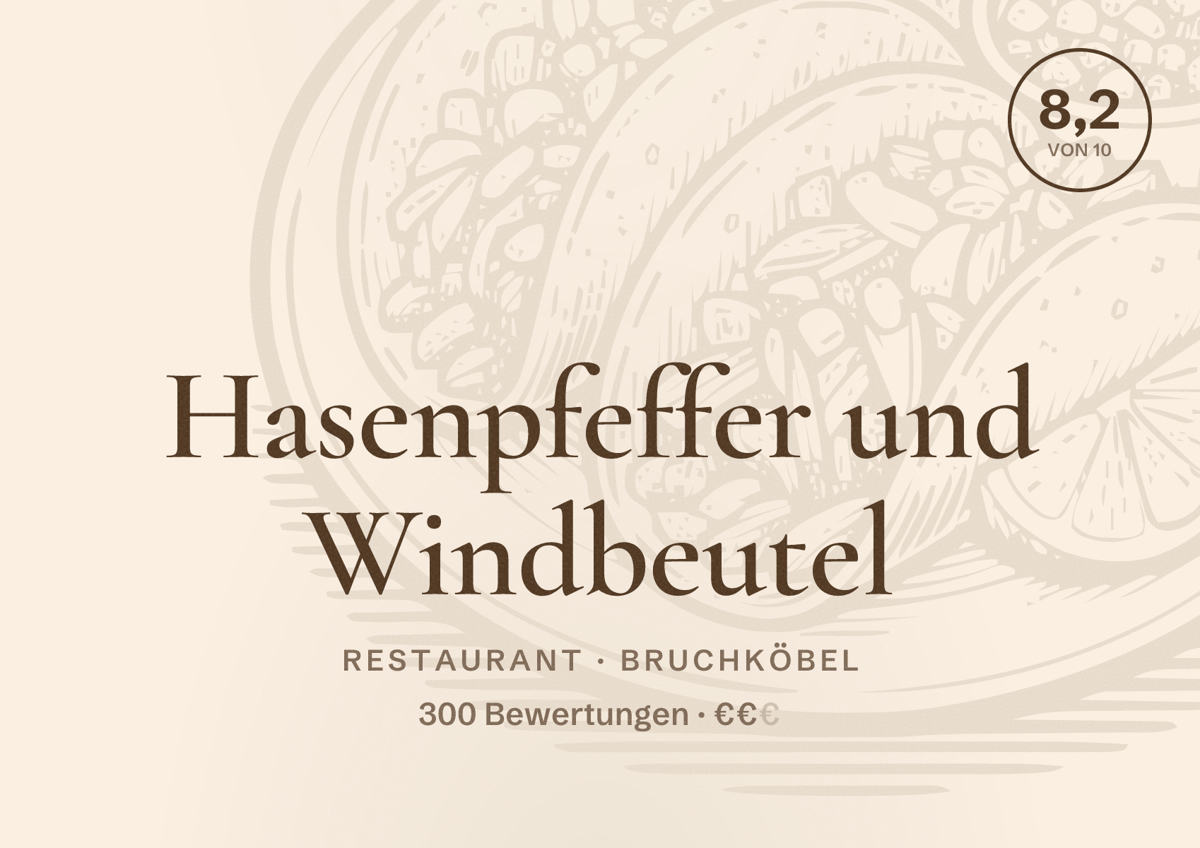 Illustriertes Poster von Hasenpfeffer und Windbeutel, Restaurant in Bruchköbel: Bewertung 8,2 von 10 aus 300 Bewertungen, Preisniveau €€