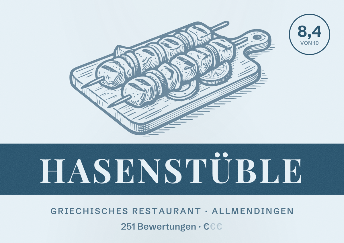 Illustriertes Poster von Hasenstüble, Griechisches Restaurant in Allmendingen: Bewertung 8,4 von 10 aus 251 Bewertungen, Preisniveau €