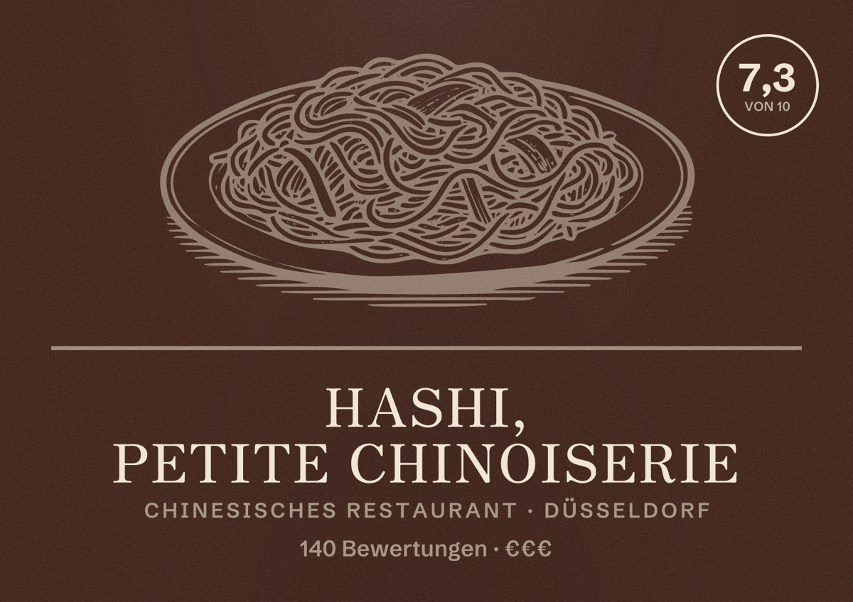 Illustriertes Poster von Hashi, petite chinoiserie, Chinesisches Restaurant in Düsseldorf: Bewertung 7,3 von 10 aus 140 Bewertungen, Preisniveau €€€