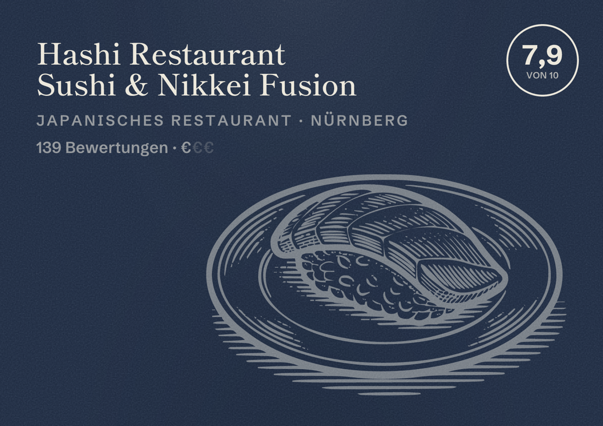 Illustriertes Poster von Hashi Restaurant Sushi & Nikkei Fusion, Japanisches Restaurant in Nürnberg: Bewertung 7,9 von 10 aus 139 Bewertungen, Preisniveau €