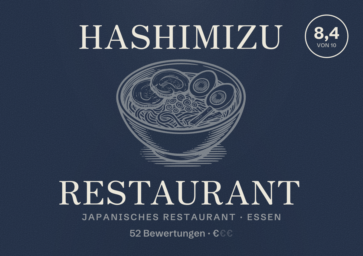Illustriertes Poster von Hashimizu Restaurant, Japanisches Restaurant in Essen: Bewertung 8,4 von 10 aus 52 Bewertungen, Preisniveau €