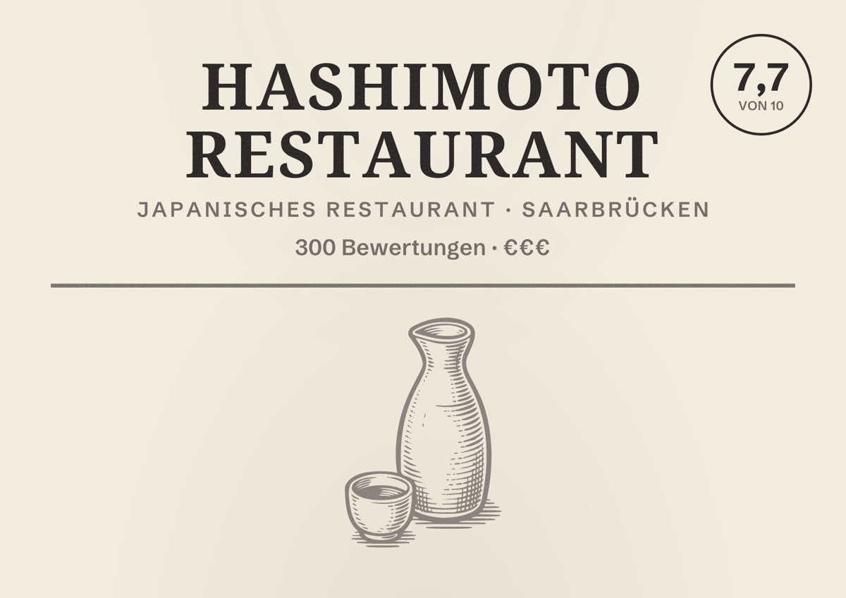 Illustriertes Poster von Hashimoto Restaurant, Japanisches Restaurant in Saarbrücken: Bewertung 7,7 von 10 aus 300 Bewertungen, Preisniveau €€€