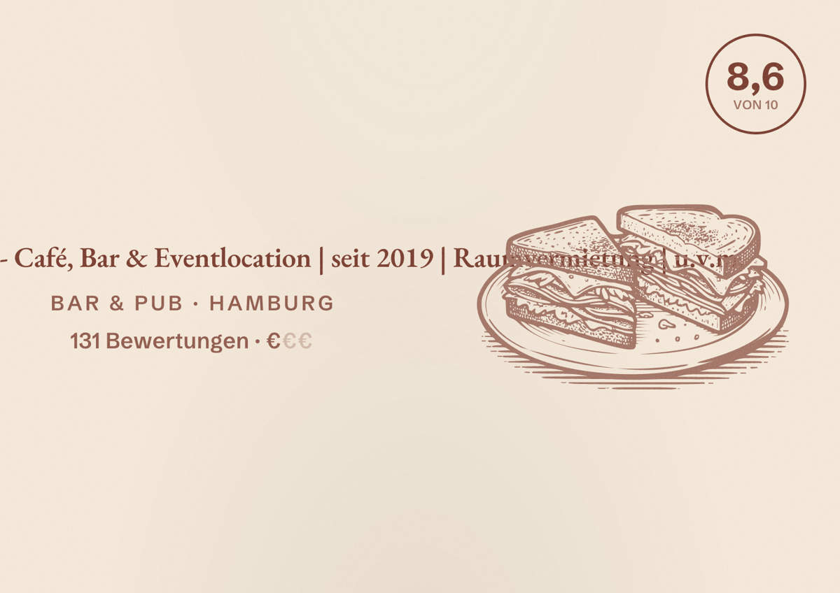 Illustriertes Poster von Hashtag Hamburg - Café, Bar & Eventlocation | seit 2019 | Raumvermietung | u.v.m., Bar & Pub in Hamburg: Bewertung 8,6 von 10 aus 131 Bewertungen, Preisniveau €