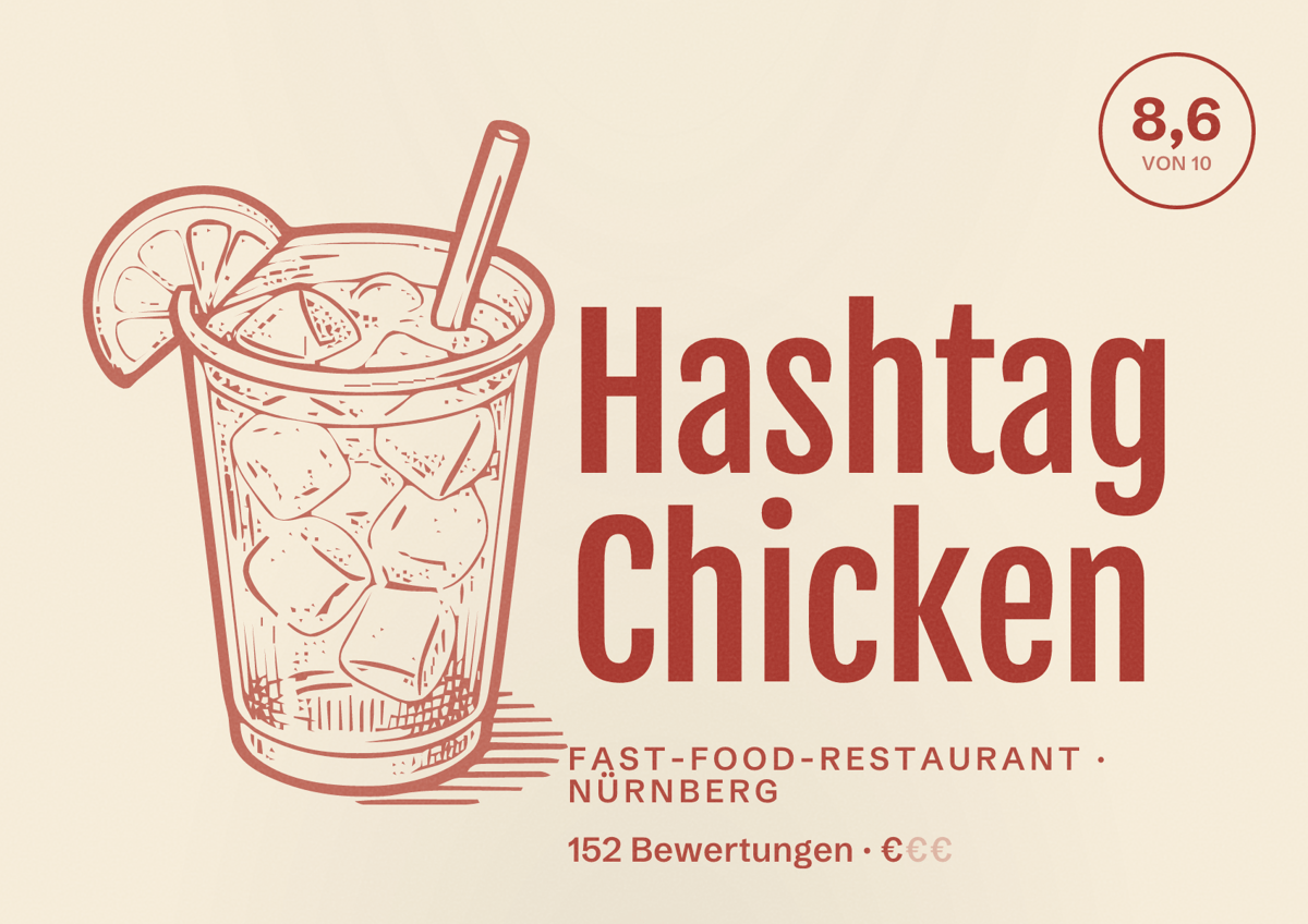 Illustriertes Poster von Hashtag Chicken, Fast-Food-Restaurant in Nürnberg: Bewertung 8,6 von 10 aus 152 Bewertungen, Preisniveau €