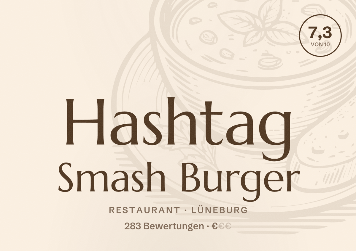 Illustriertes Poster von Hashtag Smash Burger, Restaurant in Lüneburg: Bewertung 7,3 von 10 aus 283 Bewertungen, Preisniveau €