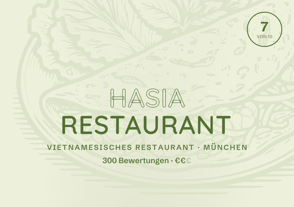 Illustriertes Poster von Hasia Restaurant, Vietnamesisches Restaurant in München: Bewertung 7,0 von 10 aus 300 Bewertungen, Preisniveau €€