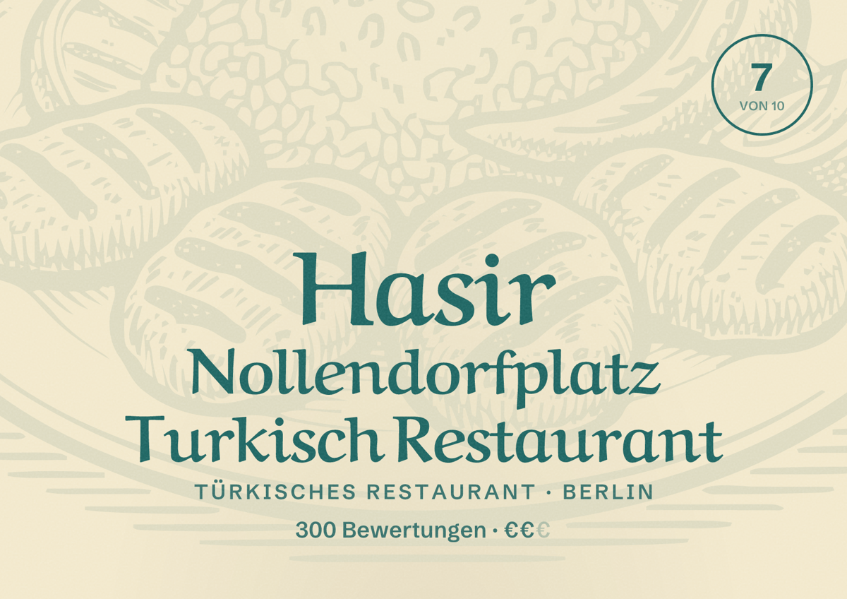 Illustriertes Poster von Hasir Nollendorfplatz Turkisch Restaurant, Türkisches Restaurant in Berlin: Bewertung 7,0 von 10 aus 300 Bewertungen, Preisniveau €€