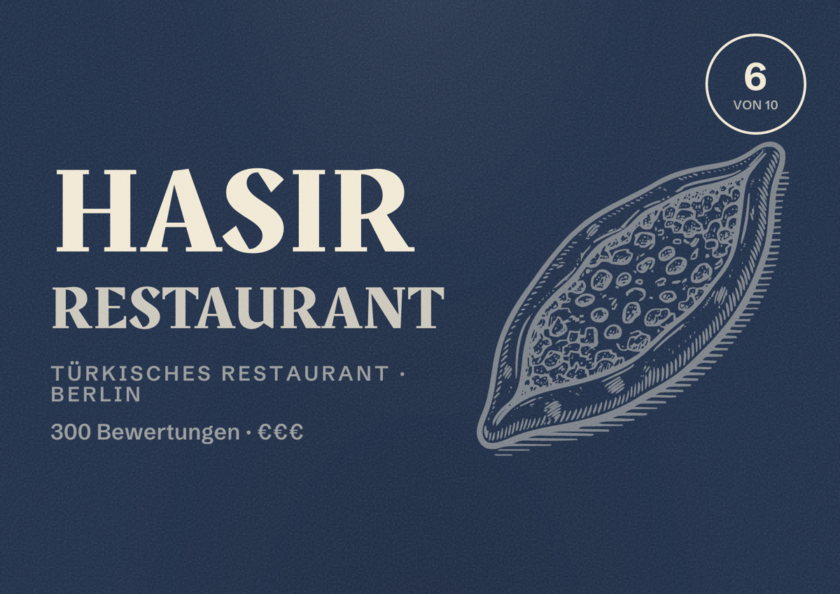 Illustriertes Poster von Hasir Restaurant, Türkisches Restaurant in Berlin: Bewertung 6,0 von 10 aus 300 Bewertungen, Preisniveau €€€