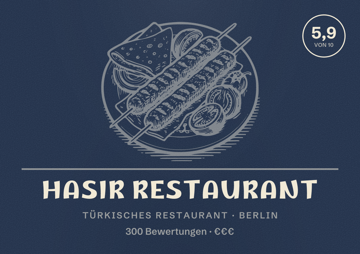 Illustriertes Poster von Hasir Restaurant, Türkisches Restaurant in Berlin: Bewertung 5,9 von 10 aus 300 Bewertungen, Preisniveau €€€