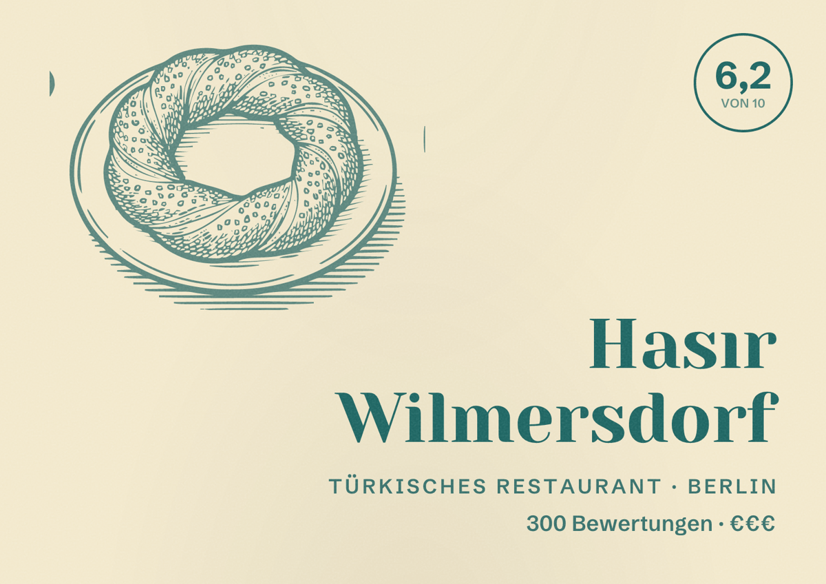 Illustriertes Poster von Hasır Wilmersdorf, Türkisches Restaurant in Berlin: Bewertung 6,2 von 10 aus 300 Bewertungen, Preisniveau €€€