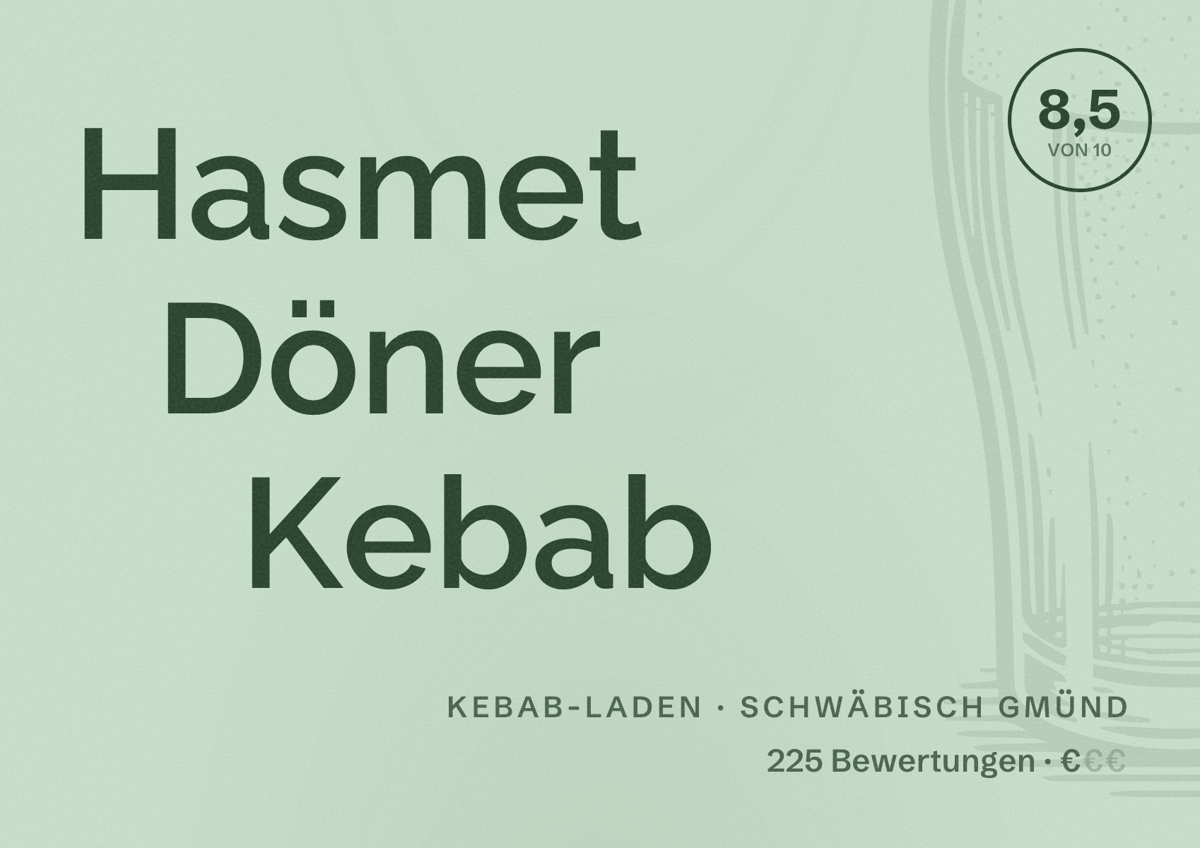 Illustriertes Poster von Hasmet Döner Kebab, Kebab-Laden in Schwäbisch Gmünd: Bewertung 8,5 von 10 aus 225 Bewertungen, Preisniveau €
