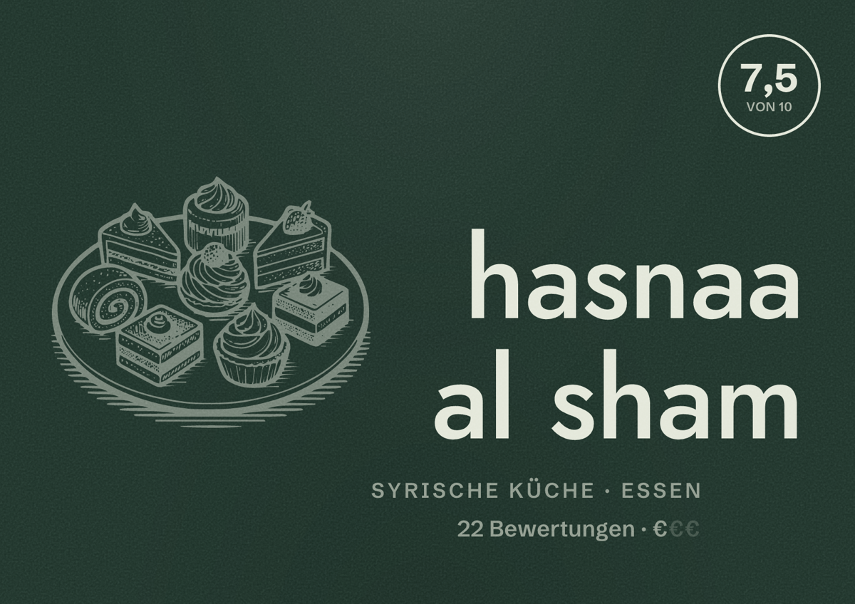 Illustriertes Poster von hasnaa al sham, Syrische Küche in Essen: Bewertung 7,5 von 10 aus 22 Bewertungen, Preisniveau €