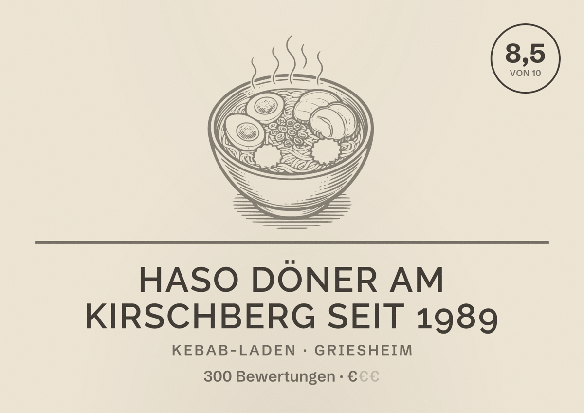 Illustriertes Poster von Haso Döner Am Kirschberg Seit 1989, Kebab-Laden in Griesheim: Bewertung 8,5 von 10 aus 300 Bewertungen, Preisniveau €