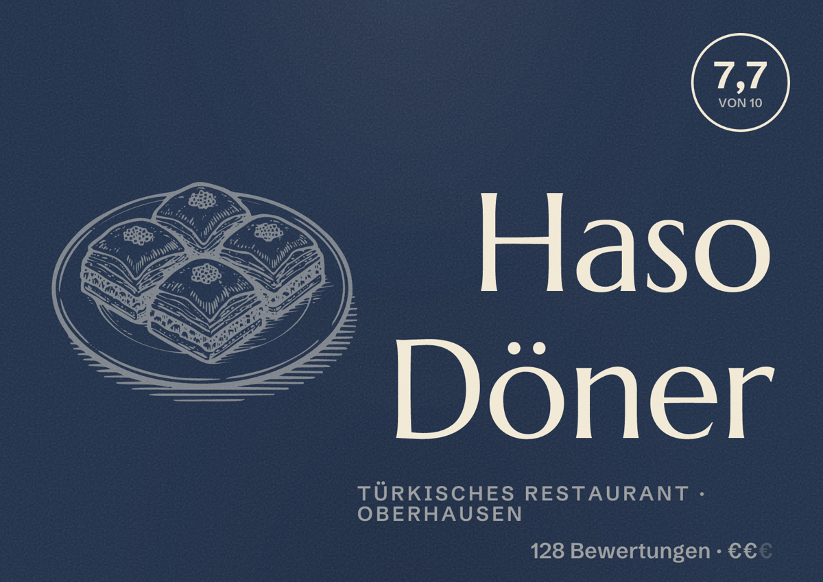 Illustriertes Poster von Haso Döner, Türkisches Restaurant in Oberhausen: Gästebewertung 7,7 von 10 aus 128 Bewertungen