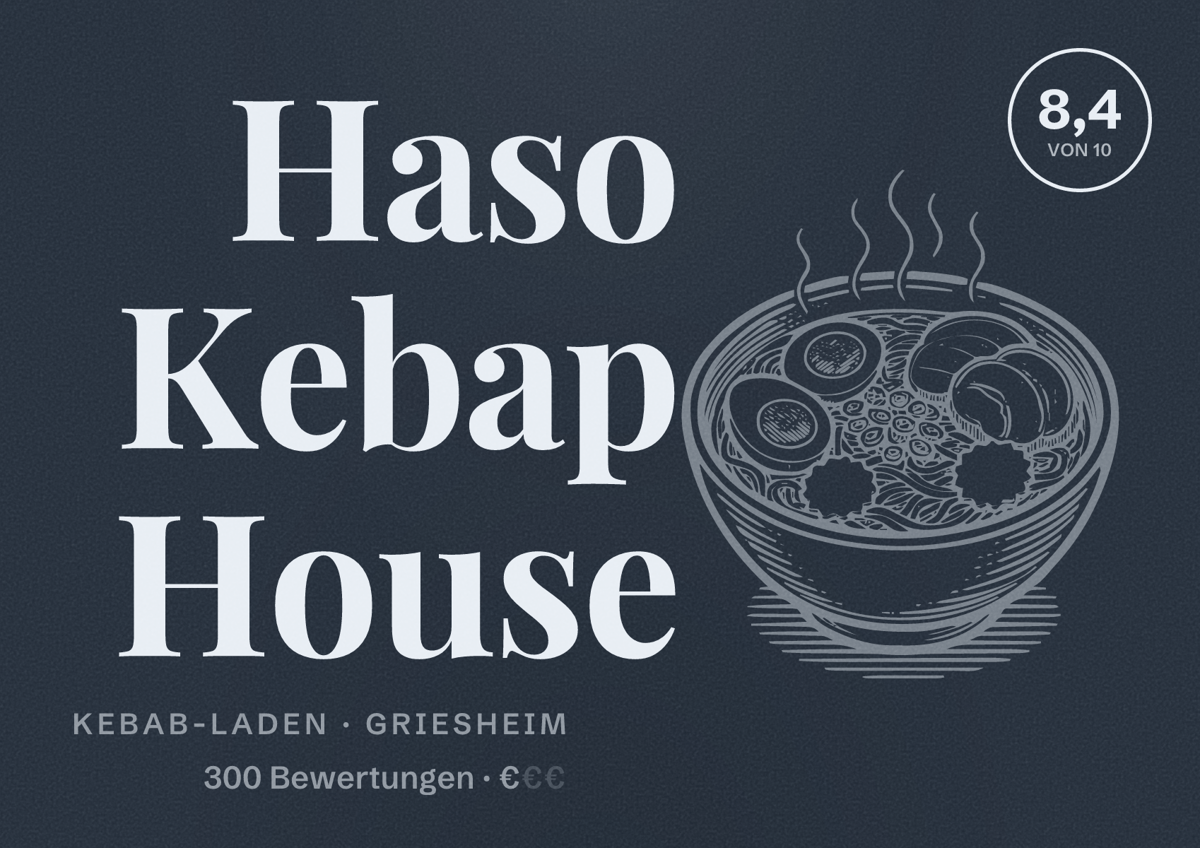 Illustriertes Poster von Haso Kebap House, Kebab-Laden in Griesheim: Bewertung 8,4 von 10 aus 300 Bewertungen, Preisniveau €