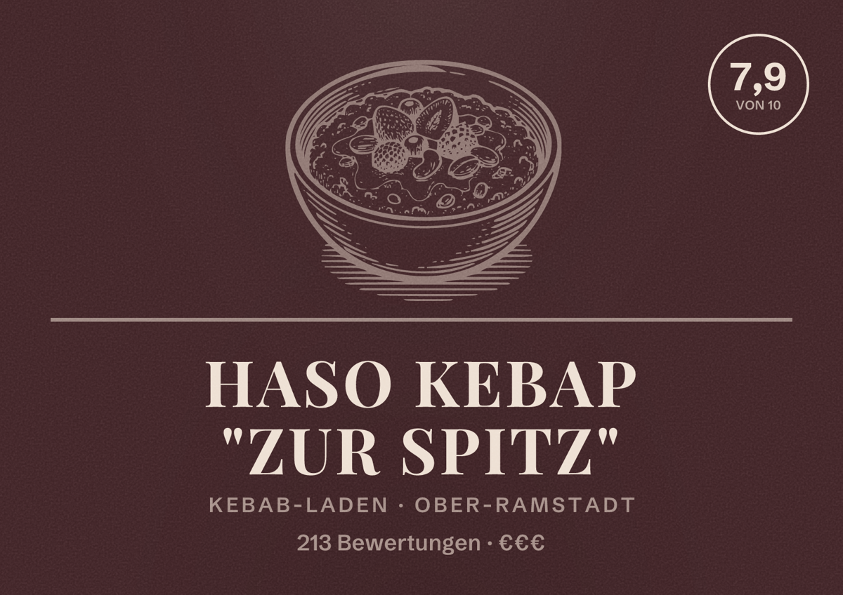Illustriertes Poster von Haso Kebap "Zur Spitz", Kebab-Laden in Ober-Ramstadt: Bewertung 7,9 von 10 aus 213 Bewertungen, Preisniveau €€€