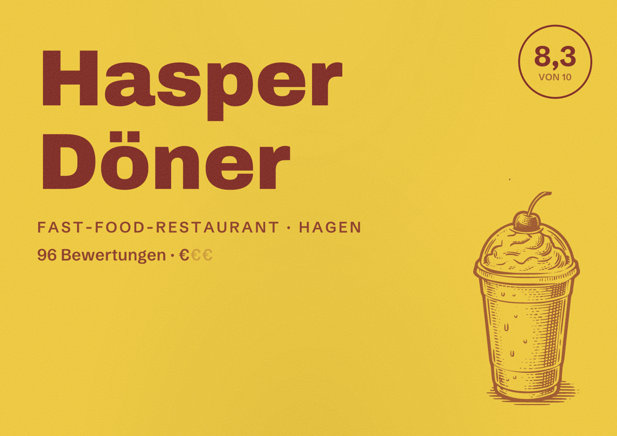 Illustriertes Poster von Hasper Döner, Fast-Food-Restaurant in Hagen: Bewertung 8,3 von 10 aus 96 Bewertungen, Preisniveau €