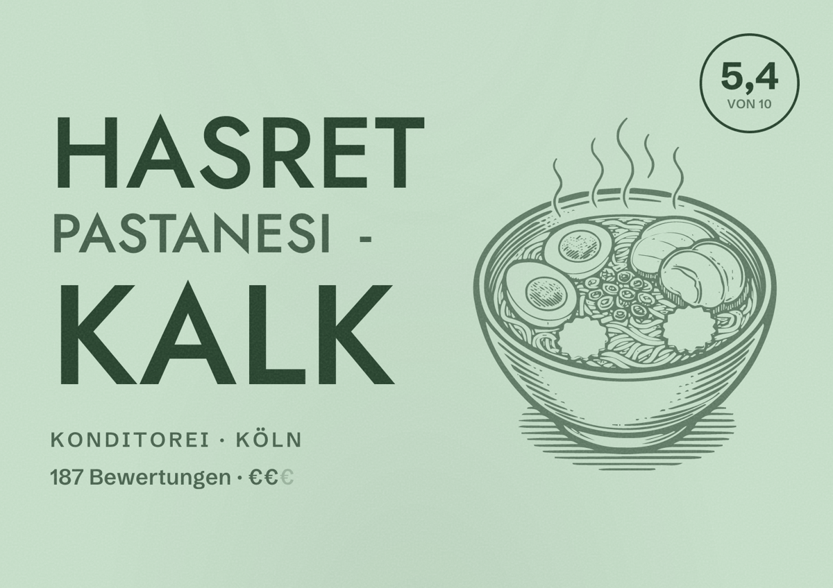 Illustriertes Poster von Hasret pastanesi - Kalk, Konditorei in Köln: Bewertung 5,4 von 10 aus 187 Bewertungen, Preisniveau €€
