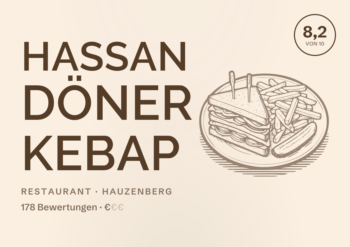 Illustriertes Poster von Hassan DÖNER KEBAP, Restaurant in Hauzenberg: Bewertung 8,2 von 10 aus 178 Bewertungen, Preisniveau €