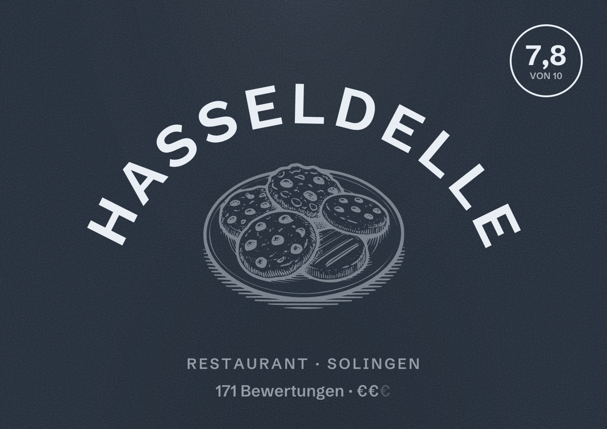 Illustriertes Poster von Hasseldelle, Restaurant in Solingen: Bewertung 7,8 von 10 aus 171 Bewertungen, Preisniveau €€