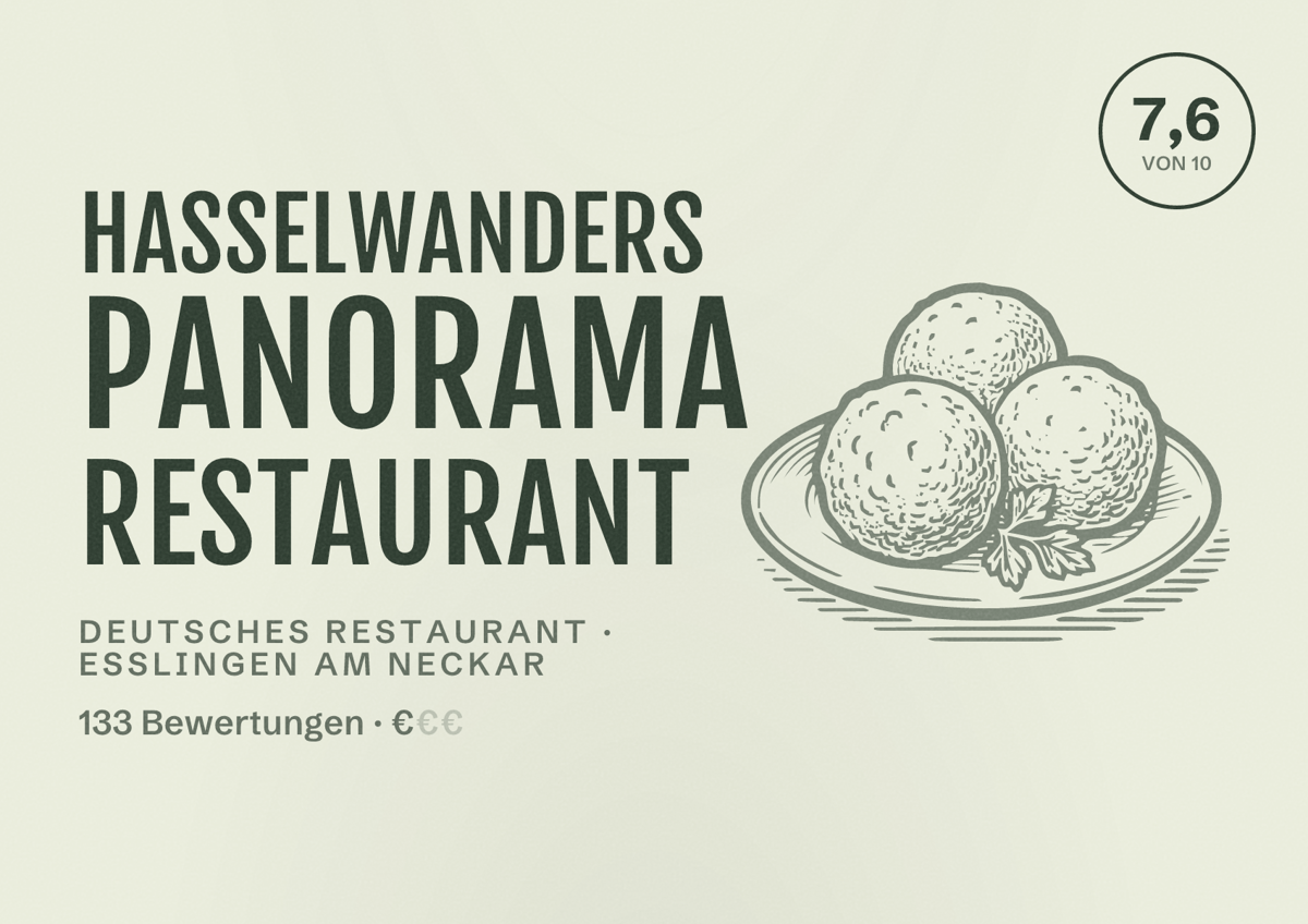 Illustriertes Poster von Hasselwanders Panorama Restaurant, Deutsches Restaurant in Esslingen am Neckar: Bewertung 7,6 von 10 aus 133 Bewertungen, Preisniveau €
