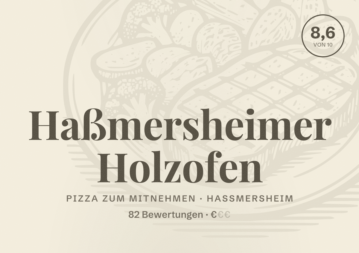 Illustriertes Poster von Haßmersheimer Holzofen, Pizza zum Mitnehmen in Haßmersheim: Bewertung 8,6 von 10 aus 82 Bewertungen, Preisniveau €