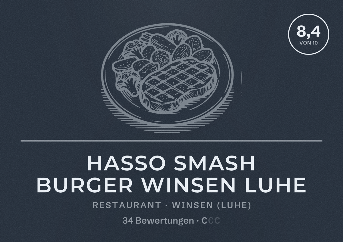 Illustriertes Poster von Hasso Smash Burger Winsen Luhe, Restaurant in Winsen (Luhe): Bewertung 8,4 von 10 aus 34 Bewertungen, Preisniveau €