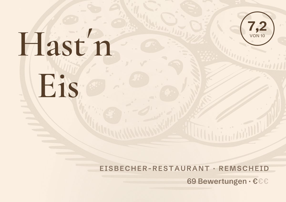 Illustriertes Poster von Hast´n Eis, Eisbecher-Restaurant in Remscheid: Bewertung 7,2 von 10 aus 69 Bewertungen, Preisniveau €