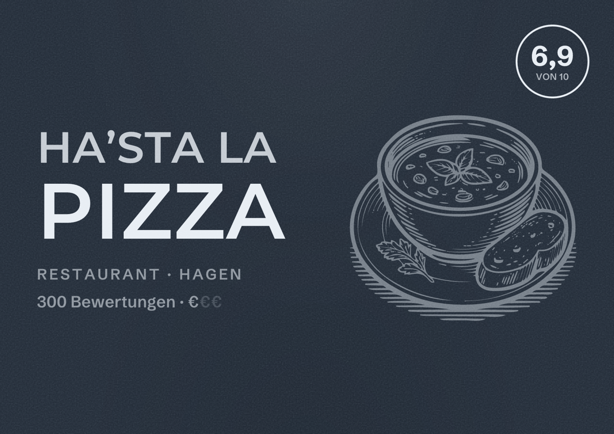 Illustriertes Poster von Ha’sta La Pizza, Restaurant in Hagen: Bewertung 6,9 von 10 aus 300 Bewertungen, Preisniveau €