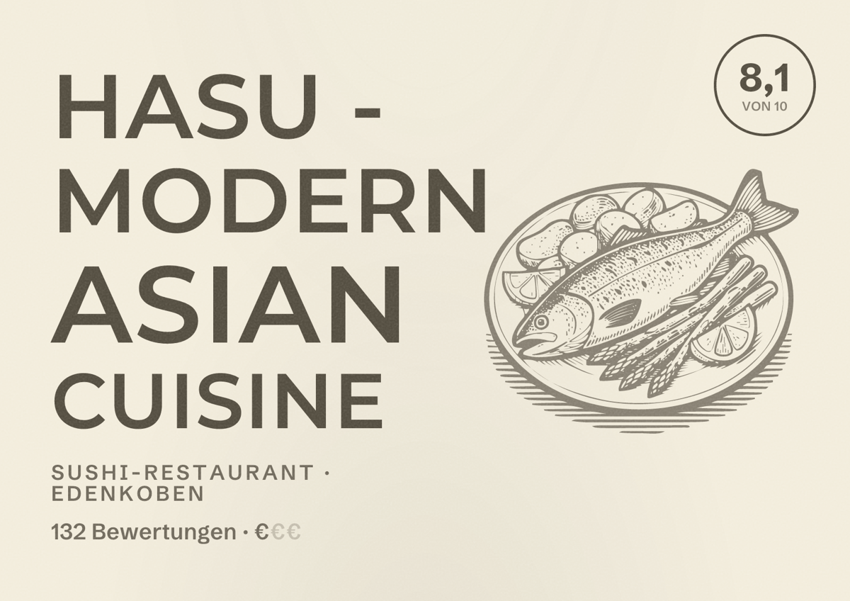 Illustriertes Poster von Hasu - Modern Asian Cuisine, Sushi-Restaurant in Edenkoben: Bewertung 8,1 von 10 aus 132 Bewertungen, Preisniveau €