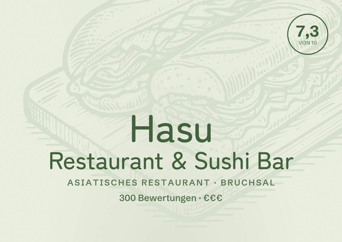 Illustriertes Poster von Hasu Restaurant & Sushi Bar, Asiatisches Restaurant in Bruchsal: Bewertung 7,3 von 10 aus 300 Bewertungen, Preisniveau €€€