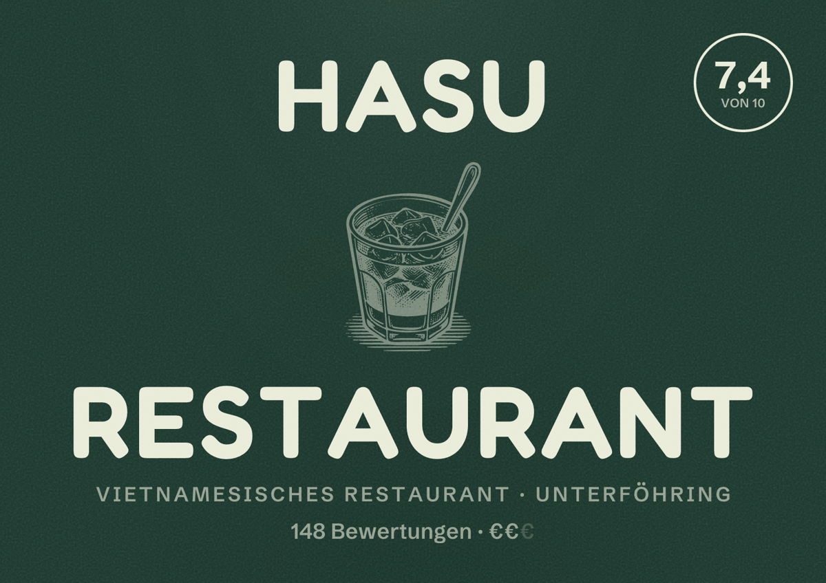 Illustriertes Poster von Hasu Restaurant, Vietnamesisches Restaurant in Unterföhring: Bewertung 7,4 von 10 aus 148 Bewertungen, Preisniveau €€